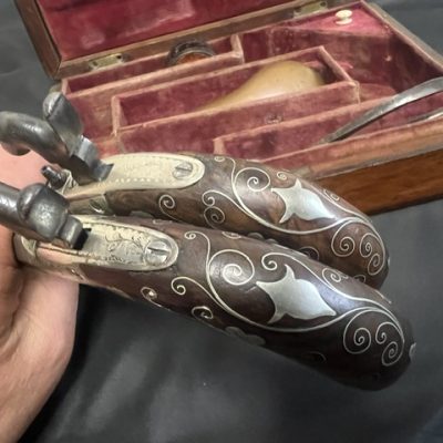 EXQUISITE CASED PAIR OF SILVER-INLAID PERCUSSION TURN-OFF POCKET PISTOLS